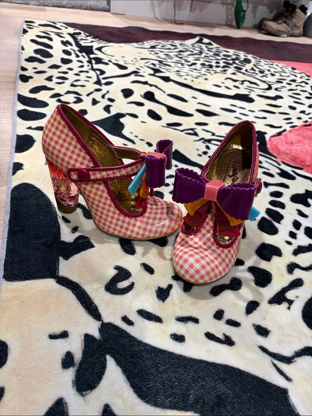 Pink Gingham irregular choice Heels with Colorful Bow